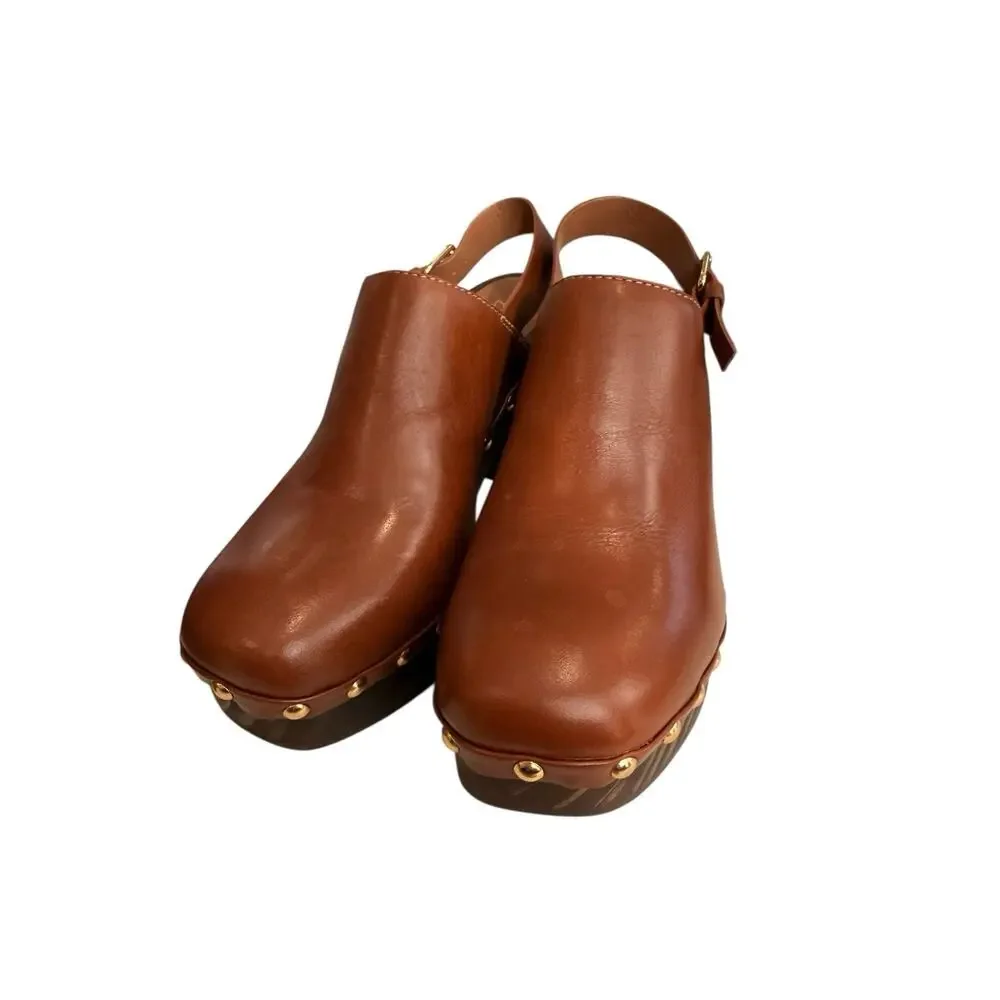 Matisse Brown Leather Platform Clogs LIBERTY Gold Studded Wood Heel Mule Size 8M - Picture 2 of 13